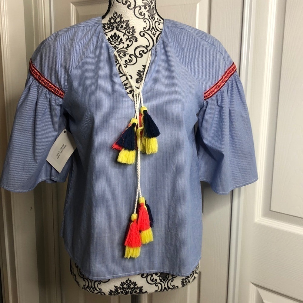 Isa & Ella FLAW Blouse Blue Stripe Tassel Top M READ‎ Bohemian